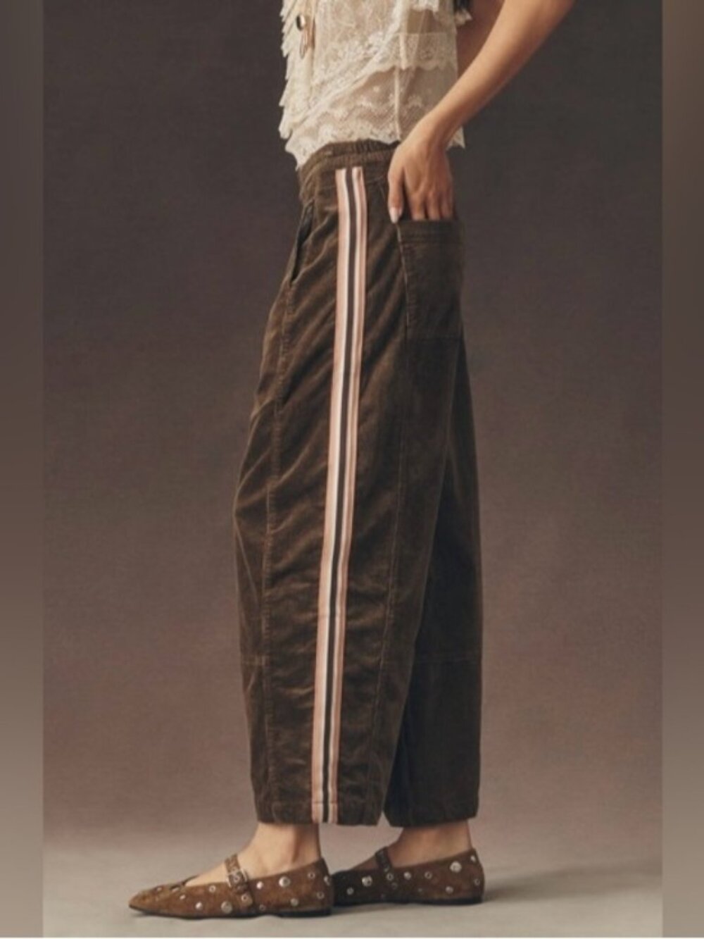 Anthropologie Brown Corduroy Wide-Leg Pants with Pink Stripe